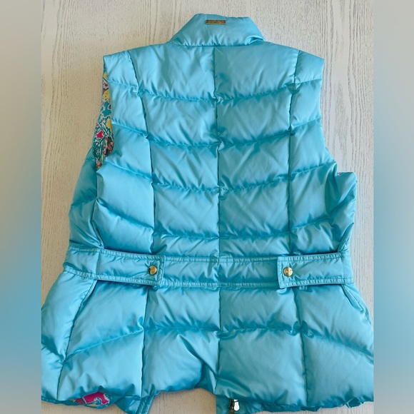 LILLY PULITZER LAUREN PUFFER VEST AQUA SZ M QUILTED DOWN W/PALM BEACH PRINT - Picture 2 of 3